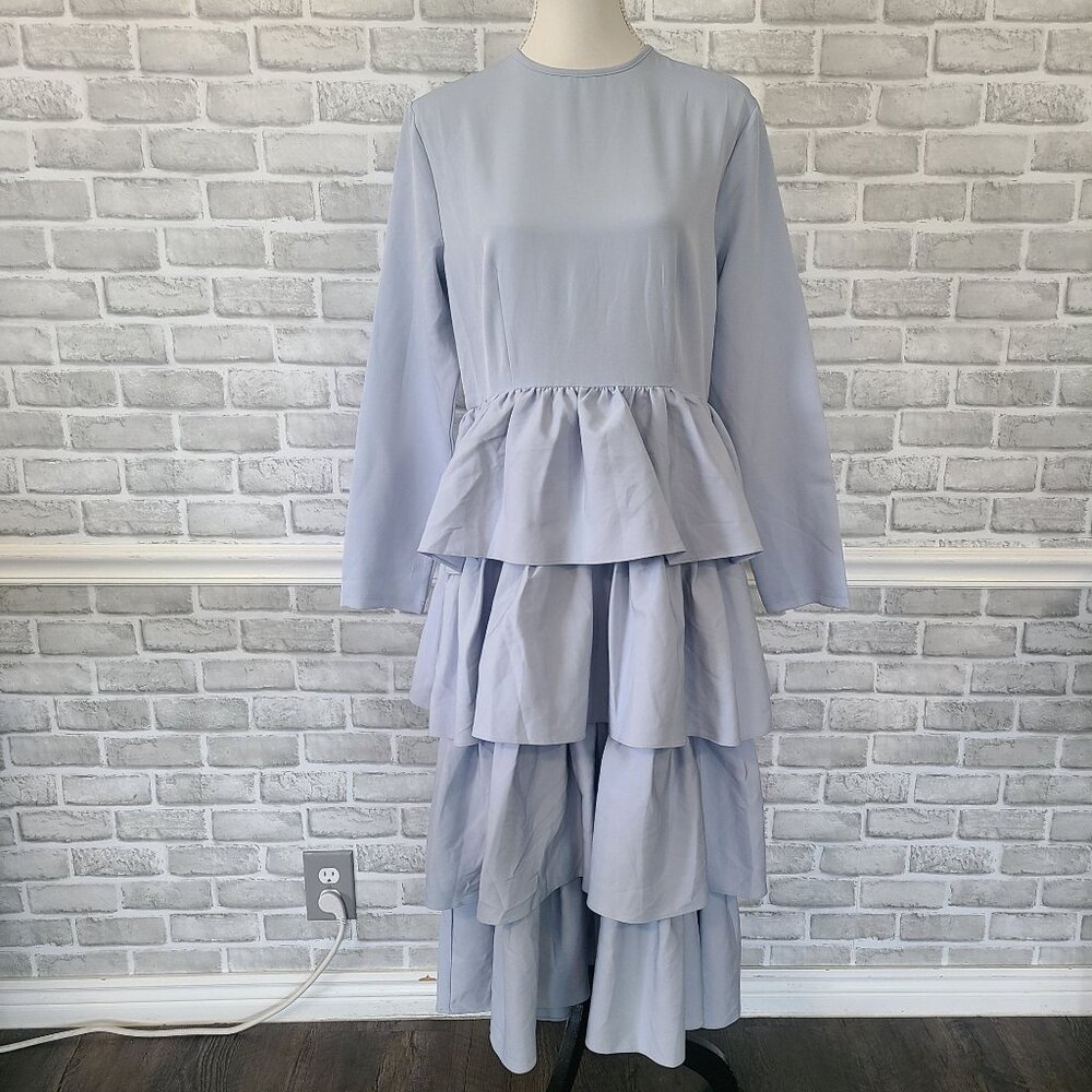 Boutique Sky Blue Ruffle Tiered Maxi Dress Long Sleeve Modest NEW XL Feminine